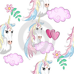 Seamless pattern with Unicorns, rainbows and hearts, trendy cartoon patch