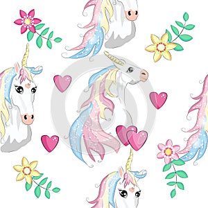 Seamless pattern with Unicorns, rainbows and hearts, trendy cartoon patch