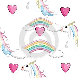 Seamless pattern with Unicorns, rainbows and hearts, trendy cartoon patch