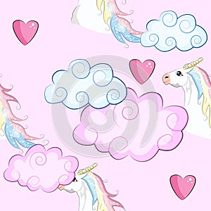 Seamless pattern with Unicorns, rainbows and hearts, trendy cartoon patch