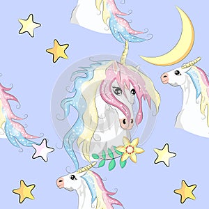 Seamless pattern with Unicorns, rainbows and hearts, trendy cartoon patch