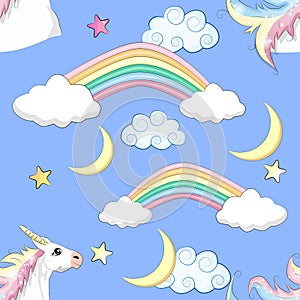 Seamless pattern with Unicorns, rainbows and hearts, trendy cartoon patch