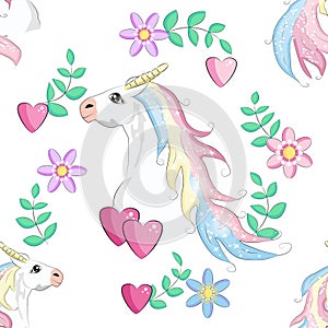 Seamless pattern with Unicorns, rainbows and hearts, trendy cartoon patch