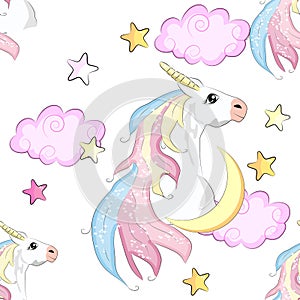 Seamless pattern with Unicorns, rainbows and hearts, trendy cartoon patch