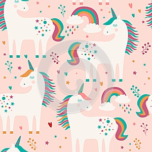 Seamless pattern with unicorns, stars, rainbows and hearts  on pink background. Vector illustration.