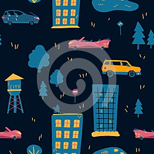Seamless pattern of urban vehicles. Cartoon transportation background for kids. Doodle children toy cars illustration. Vector