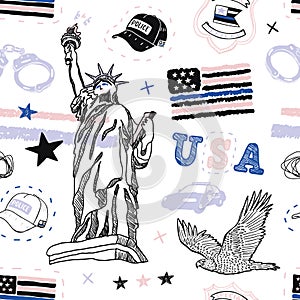 Seamless pattern with USA Police flag, eagle, Statue of Liberty, lettering, stars and police car for textiles.
