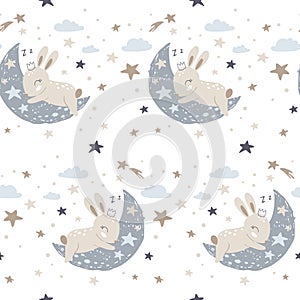 Seamless pattern with Ñute bunny sleeping on the moon. Vector Illustration