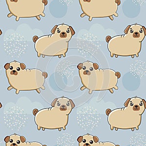 Seamless pattern with Ñute dog breed pug. Excellent design for packaging, wrapping paper, textile etc. Funny little doggy