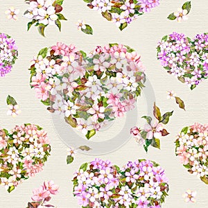 Seamless pattern for Valentine day. Floral hearts with apple flowers, cherry blossom. Watercolor
