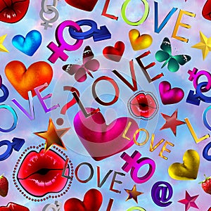 Seamless pattern valentine's day background. 3D rendering, illustration. wrapping. A holiday of love. Heart, lips