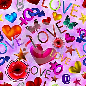 Seamless pattern valentine's day background. 3D rendering, illustration. wrapping. A holiday of love. Heart, lips