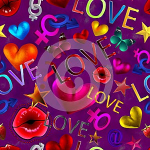 Seamless pattern valentine's day background. 3D rendering, illustration. wrapping. A holiday of love. Heart, lips