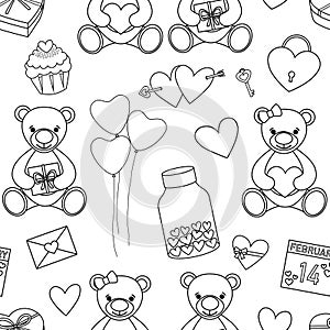 Seamless pattern Valentine`s day Bears heart balloons gifts candy black and white colors vector illustration