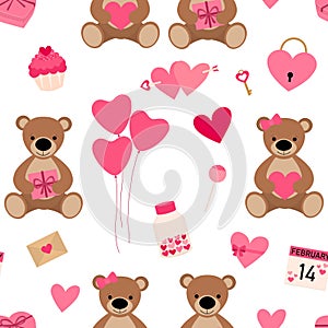 Seamless pattern Valentine`s day Bears heart balloons gifts candy vector illustration