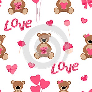 Seamless pattern Valentine`s day Bears heart balloons gifts candy vector illustration