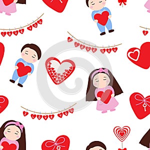 Seamless pattern Valentine`s day boy girl love birds hearts balloons tree vector illustration