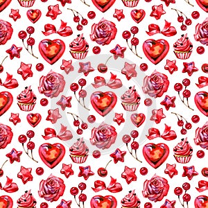 Seamless pattern for Valentine's Day. Collection of watercolor hearts. Lovely romantic background for fabric