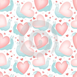 Seamless pattern for Valentine s day. Funny cartoon snail with a house in the shape of a heart. A cute cartoon animal in vector.