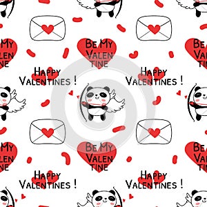 Seamless pattern with Valentines day panda cupids vector illustration