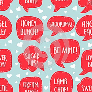 Seamless pattern of Valentines Day talk bubbles with cute names and phrases.