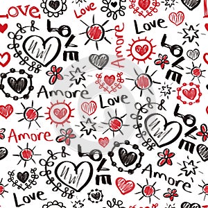 Seamless pattern Valentines doodles. Love Amore scribbles hearts, stars lettering in red and black. Repeating hand drawn photo