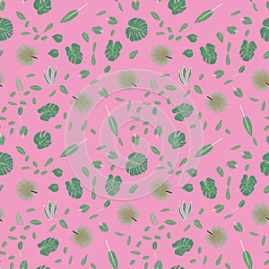 Seamless pattern with variety tropical green leaves and pink background