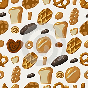 Seamless pattern of various bread types. Waffles, loaf, baguette, bun, pretzel, croissant and other baked goods