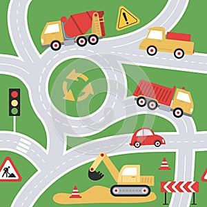 seamless pattern with various cars, traffic lights and road signs on green background. Illustration of highway in a cute children