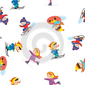 Seamless pattern with various children go in for winter sports. Active spending winter time. School kids with ski, sledges, skates