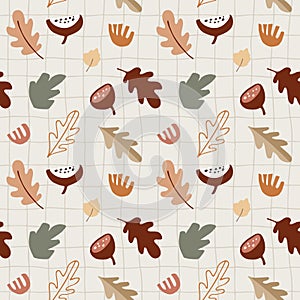 Seamless pattern with various colorful fall leaves, fruit and flowers. Thanksgiving or Halloweeen concept. Autumn design