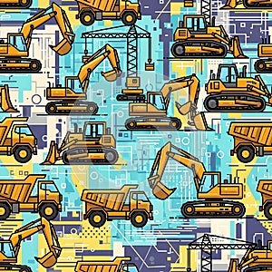 a seamless pattern of various construction vehicles