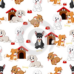 Seamless pattern with various cute dogs