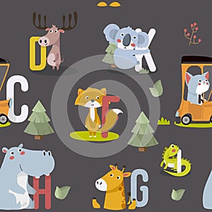 Seamless pattern with various cute and funny cartoon zoo animals on background.