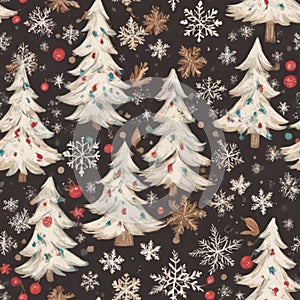 seamless pattern of various decorated fir trees in aged style