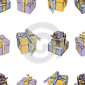 Seamless pattern of various drawn gift boxes