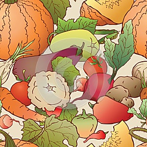 Seamless pattern of various drawn ripe vegetables