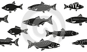 Seamless pattern various fish. Different types of fish. Black silhouettes