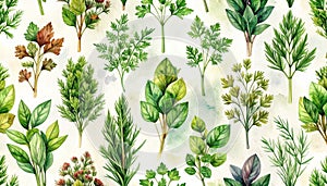 Seamless pattern of various fresh green culinary herbs
