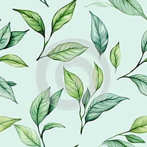 Seamless pattern of various green leaves on a light background