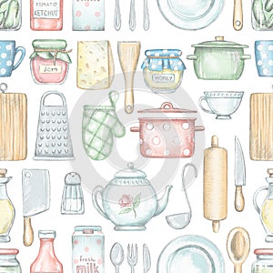 Seamless pattern with various kitchenware, grocery products and tableware