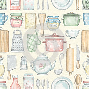 Seamless pattern with various kitchenware, grocery products and tableware