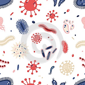 Seamless pattern with various microorganisms on white background. Backdrop with infectious germs, protists, microbes