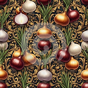 Seamless Pattern of Various Onions on an Ornate Background