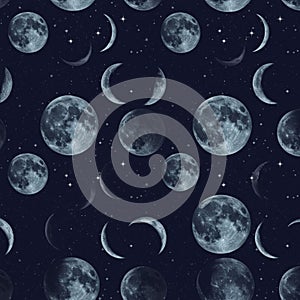 Seamless pattern with various phases of the moon, including full, crescent, and