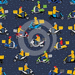 Seamless pattern. Various scooter couriers carry goods during a pandemic