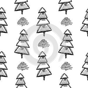 Seamless pattern of various simple lagom fir trees with hatching. Hand drawn Christmas trees. Vector ink texture