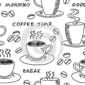 Seamless pattern with various smoking cup of coffee with coffee beans, doodle illustration with handwritten text coffee