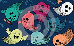 Seamless pattern with various spooky ghosts