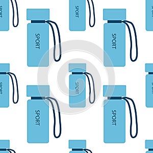 Seamless pattern. Various sports equipment. Fitness equipment, gym accessories. Sports water bottle. Healthy lifestyle